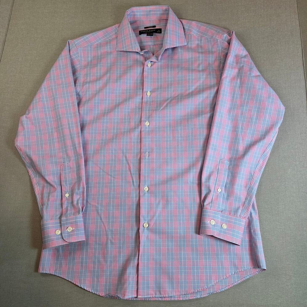 Pronto Uomo Slim Fit Non-Iron Pink Blue Plaid Dress Shirt 16 32/33